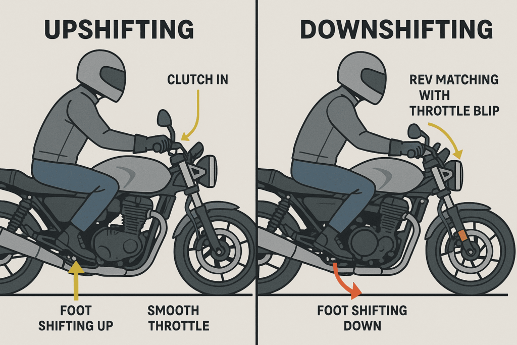 On the left, a rider upshifting (clutch in, foot shifting up, smooth throttle).On the right, a rider downshifting (clutch in, foot shifting down, rev matching with throttle blip).