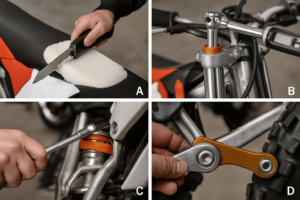 Methoden zum Tieferlegen von Dirtbikes: A) Sitzbezug entfernt, Schaumstoff mit einem elektrischen Messer abgeschabt, B) Vordergabelrohre in Gabelbrücken mit einem Drehmomentschlüssel angehoben, C) Hinterer Stoßdämpfer-Vorspannungsring mit einem Schraubenschlüssel eingestellt, D) Nachträglich angebrachte Tieferlegungsverbindung an der Verbindung