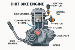 Ein technischer Schnitt eines Dirtbike-Motors, der den Kickstartermechanismus, den Kompressionstakt, den Zündschalter und zugehörige Teile zeigt. 