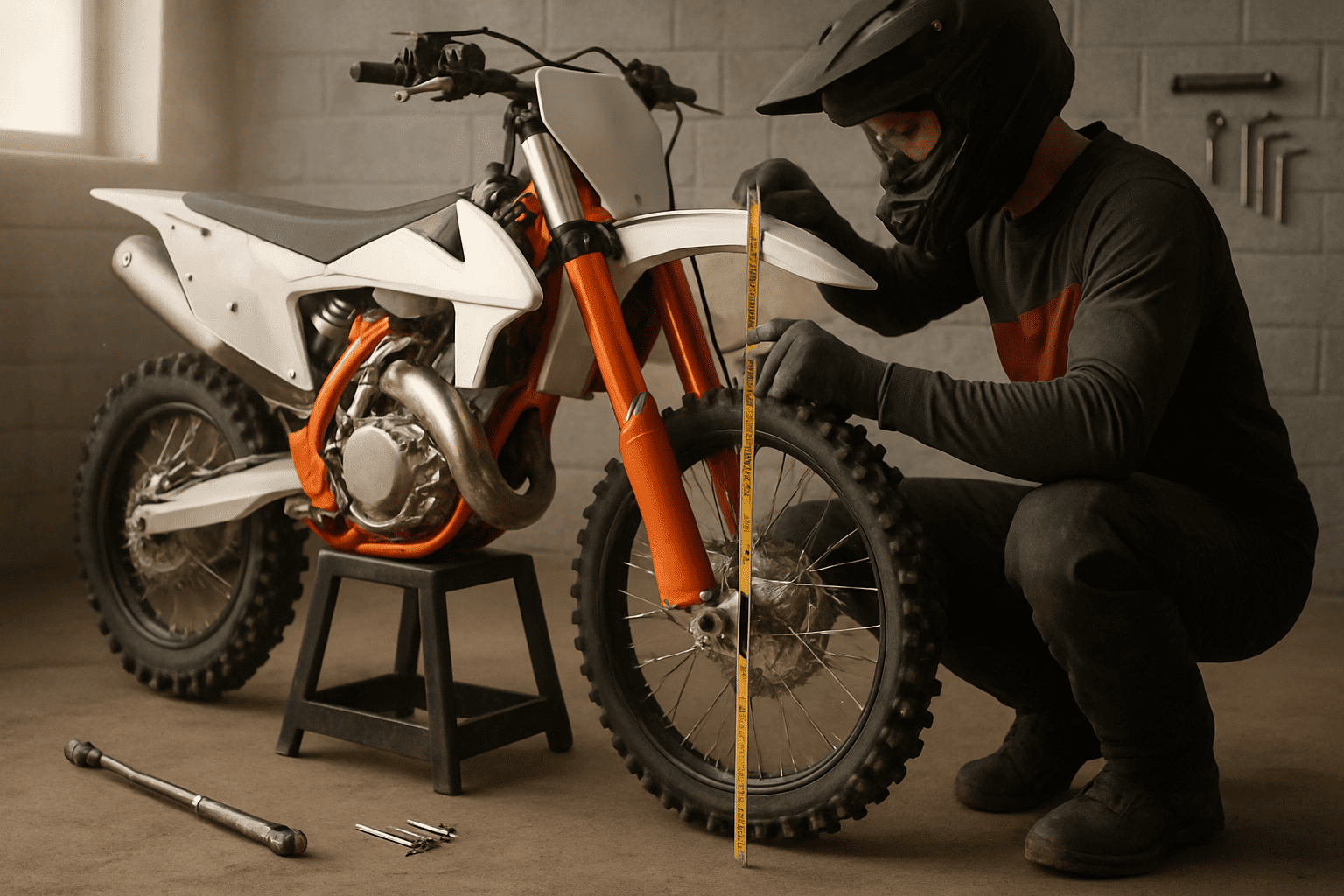 A dirt bike rider adjusting front fork height at a paddock stand, using a vernier caliper/tape measure to check seat height.