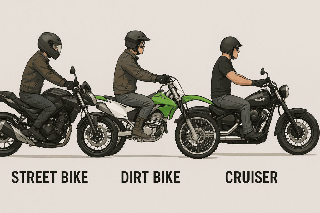 A street bike, a dirt bike, and a cruiser. Motorcycle Gear Shifting for Different Bikes and Terrains