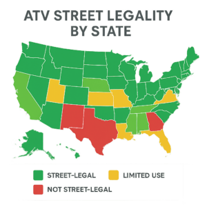美国地图根据 ATV 街道合法性突出显示了每个州：绿色代表街道合法，黄色代表限制使用，红色代表不合法。