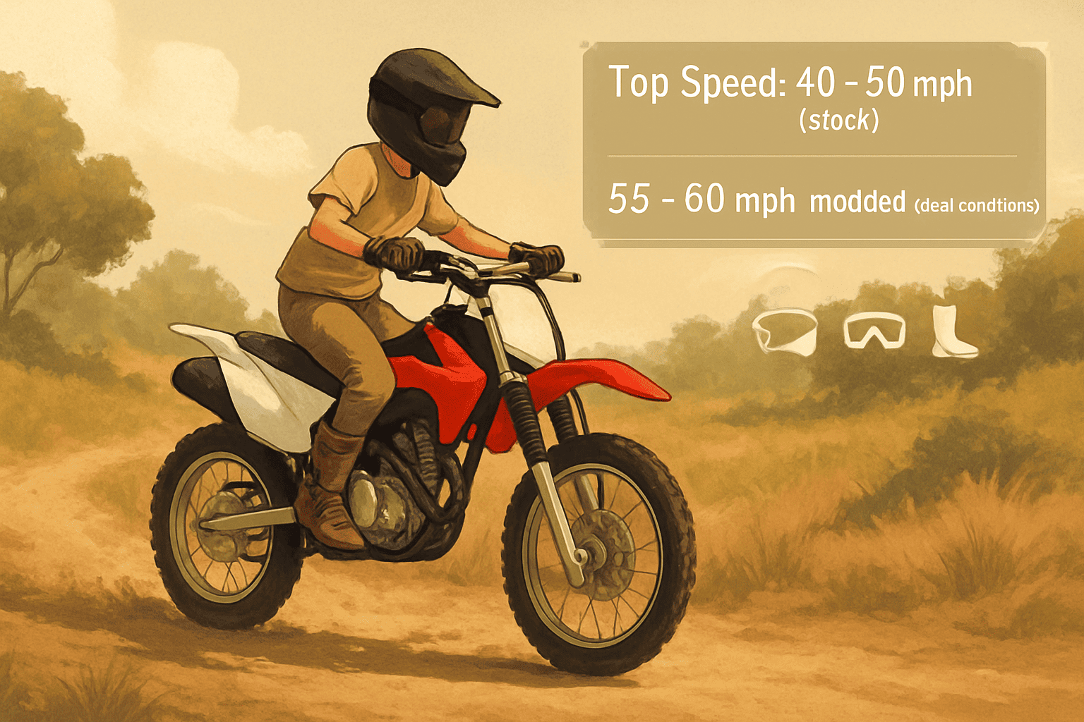 Imagen principal de una motocicleta todoterreno de 110 cc en un sendero con una superposición de velocidad que muestra un rango de 40 a 50 mph e íconos de equipo de seguridad.