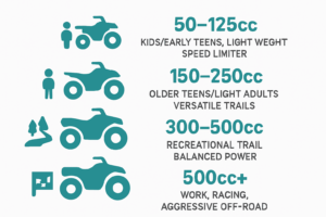 Infographic of ATV engine categories (50–125cc, 150–250cc, 300–500cc, 500cc+) mapped to rider type and use cases