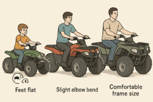 Diagram showing proper ATV fit by age: feet flat on ground, slight elbow bend at handlebars, and frame size comparison
