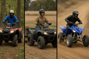 Side-by-side scenes of trail riding (300–400cc), utility work with trailer (400–800cc), and sport racing (450–700cc)