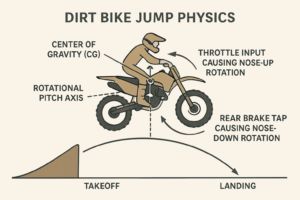 Diagram of dirt bike jumping physics showing center of gravity, pitch control with throttle and rear brake in mid-air