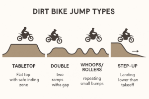 Overview diagram comparing dirt bike jump types: tabletop, double, whoops/rollers, step-up, and step-down