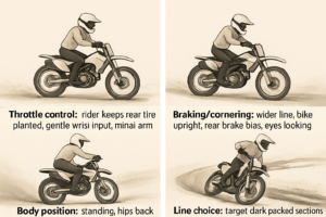 Four-panel sequence showing smooth throttle, standing neutral stance, rear-brake bias in corners, and picking firm shallow ruts