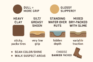 Infographic showing clay, silt, standing water, and mixed patches with visual cues for grip and safe line choice