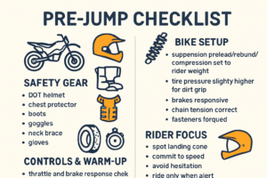 Pre-jump checklist infographic for dirt bike riding showing safety gear, bike suspension settings, tire pressure, and rider focus