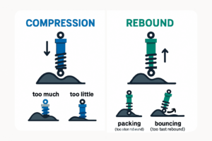 Comparison chart explaining shock compression and rebound settings with symptoms like packing and bouncing