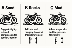 Terrain tuning guide showing sand, rocks, and mud with suggested compression and rebound tendencies
