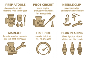 Six-panel overview of motorcycle carburetor jetting from prep and pilot screw to needle clip, main jet, test ride, and plug reading