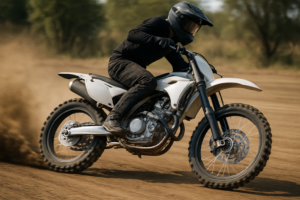 250cc dirt bike accelerating on a dirt track showing knobby tires and long-travel suspension
