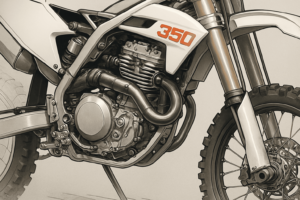 Close-up technical view of 350cc dirt bike engine and suspension components showing performance engineering