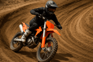 Proper riding technique on a 350cc dirt bike showing correct body positioning, protective gear and cornering skills