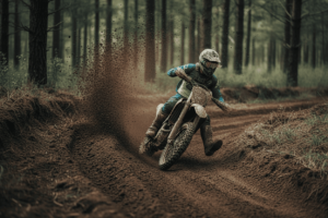 600cc dirt bike riding on a muddy off-road trail, showcasing its off-road capabilities and rugged design.
