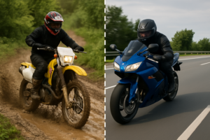 Side-by-side comparison of a 600cc dirt bike on a muddy trail and a 600cc sports bike on a highway, highlighting their different purposes and speeds.