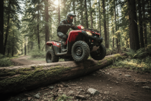 ATV crossing a fallen log on a rugged forest trail, with the rider leaning back to handle the obstacle safely, demonstrating proper off-road technique.
