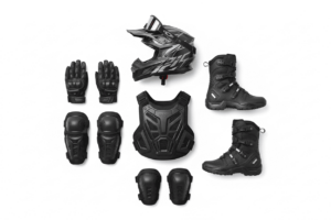 Essential ATV safety gear including helmet, goggles, gloves, boots, chest protector, and knee pads, emphasizing the importance of protective equipment.