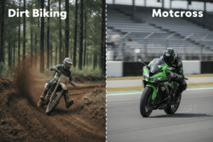 Side-by-side comparison of dirt biking on natural trails and motocross racing on tracks, emphasizing their contrasts in purpose and environment.