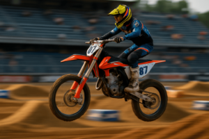 Motocross bike jumping on a dirt track, highlighting the competitive and adrenaline-filled aspect of motocross racing.