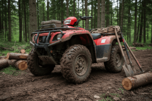 Utility ATV parked on muddy ground with deep-tread tires, highlighting its versatility for work and off-road challenges