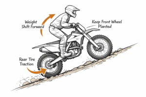 Dirt bike hill climb body position diagram showing standing on pegs, forward weight bias, and front wheel control on steep slopes