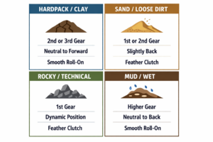 Terrain-specific dirt bike hill climbing techniques chart for hardpack clay, sand, rocky technical climbs, and mud