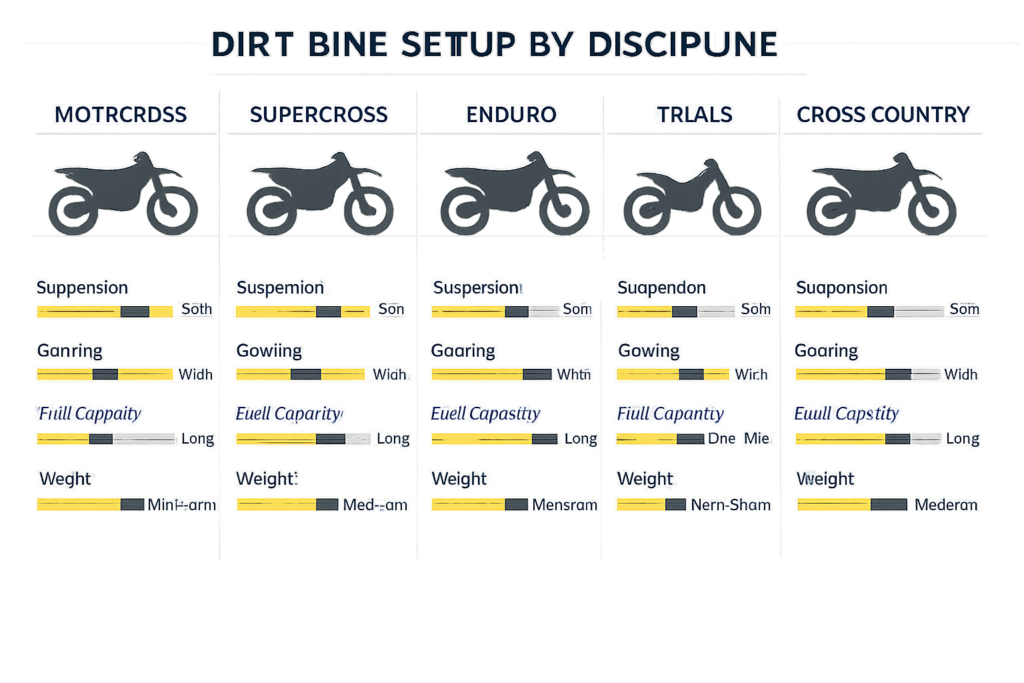 Dirt bike setup differences by discipline showing suspension stiffness, gearing range, fuel capacity, and weight priorities