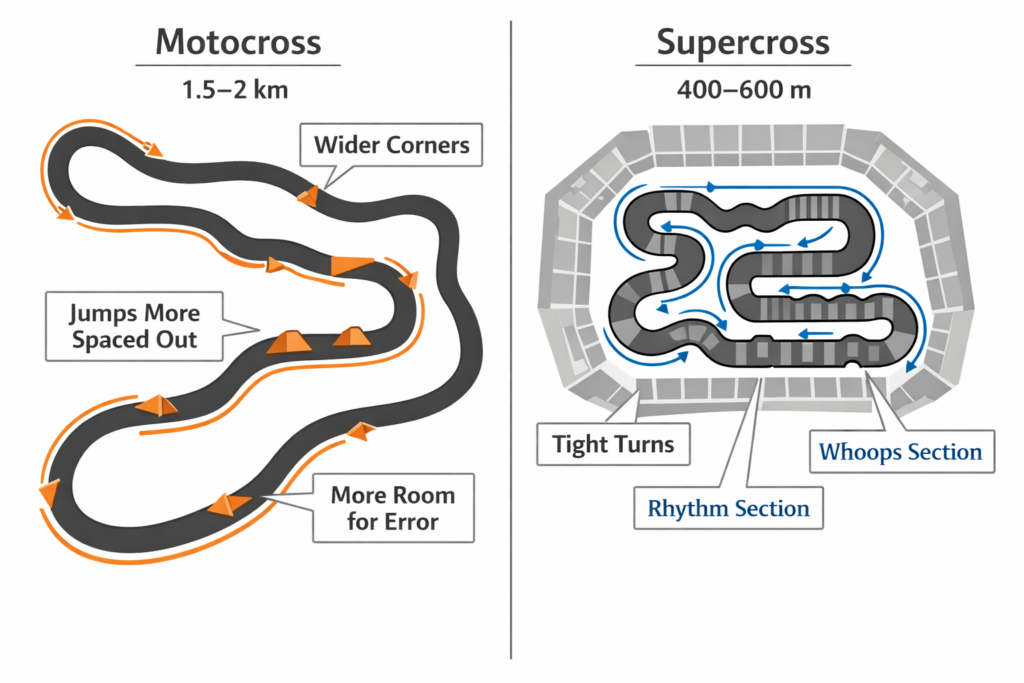 Motocross vs supercross track layout diagram comparing outdoor 1.5–2 km flow to indoor 400–600 m tight rhythm sections