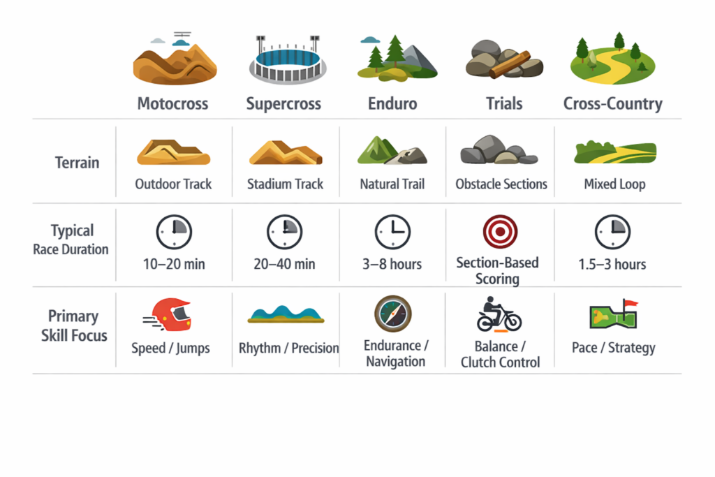Comparison chart of motocross, supercross, enduro, trials, and cross-country showing terrain, race duration, and key skills