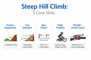 Infographic of core dirt bike hill climbing techniques: line choice, gear strategy, body position, throttle-clutch control, and practice progression
