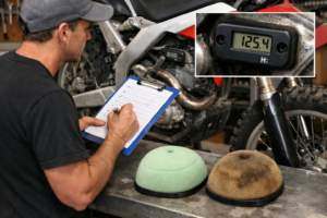 Used dirt bike inspection checklist highlighting engine hours, compression test, air filter condition, and service records