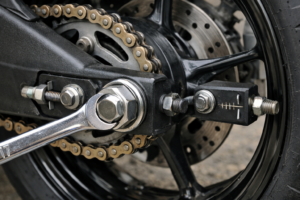 Adjusting dirt bike chain tension using rear axle nut and swingarm adjuster bolts with alignment marks