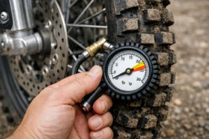 Checking dirt bike tire pressure with a gauge as part of a pre-ride inspection