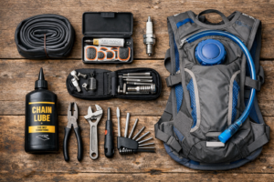 Pre-ride kit for long rides and motocross: spare tube, tire repair kit, tools, spark plug, chain lube, and hydration pack