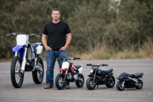 Size comparison of dirt bike, pit bike, mini bike, and pocket bike with an adult rider for scale