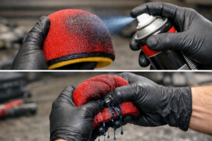 Oiling a dirt bike foam air filter evenly and squeezing out excess oil to avoid over-oiling