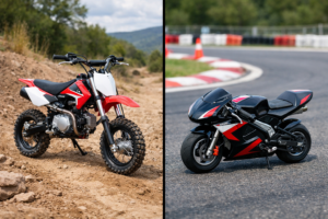 Terrain comparison showing a pit bike on dirt trails vs a pocket bike on paved surfaces