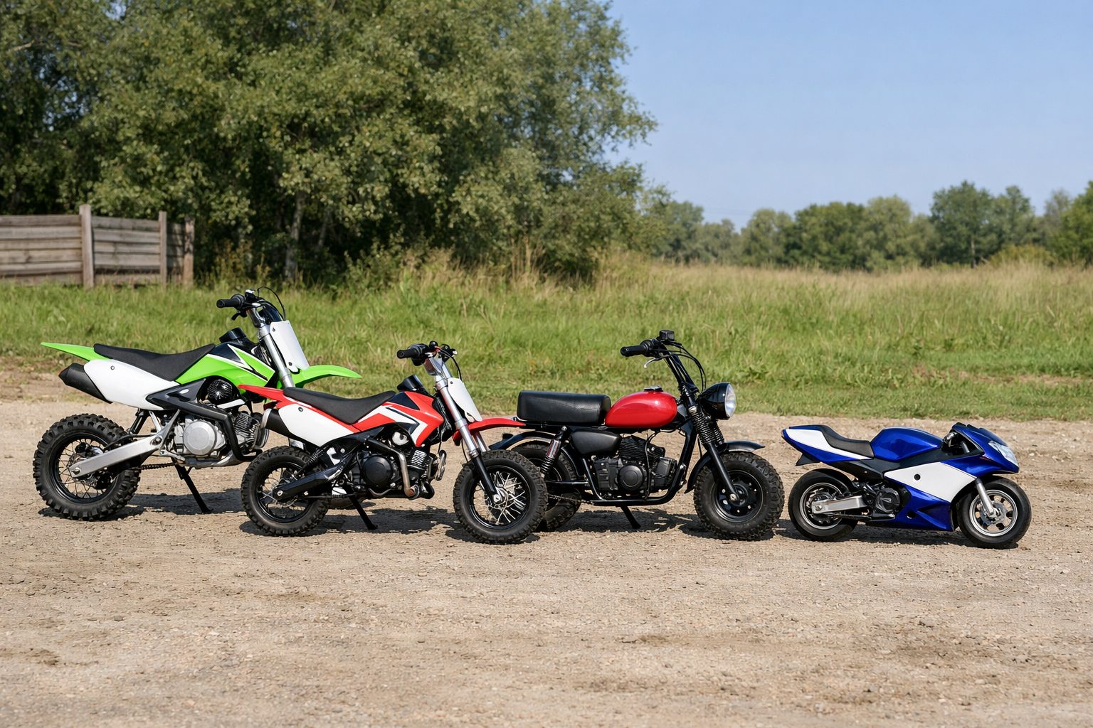 Pit bike vs dirt bike vs mini bike vs pocket bike lineup showing size and style differences