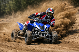 Sport ATV racing on a dirt track, showing lightweight handling and high-speed cornering