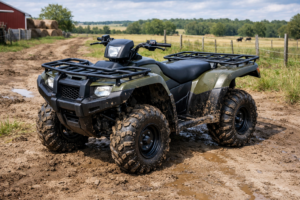 Utility 4x4 ATV with cargo racks for farm work, hauling, and towing on rough terrain