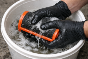 Washing a dirt bike foam air filter by gently squeezing it in dedicated foam filter cleaner