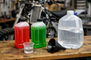 Bottles of dirt bike coolant and distilled water on a workbench illustrating a 50 50 premix for optimal engine cooling
