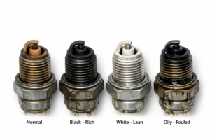 Spark plug color chart for dirt bikes showing normal brown, rich black, lean white and oily fouled plugs