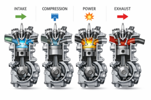 Diagram of a dirt bike engine showing the spark plug igniting the air fuel mixture during the combustion cycle