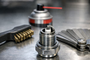 Tools and steps to clean a fouled dirt bike spark plug including wire brush carb cleaner and feeler gauge on a workbench