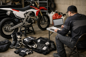 Motocross rider planning an annual racing budget with bike gear travel and coaching costs laid out in a garage